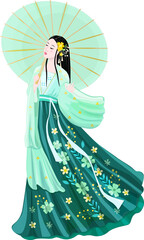 young asian woman with long hair holding an umbrella. fashion gi