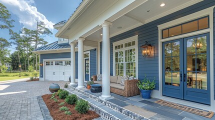 Professional photo of a front porch with white trim and light blue doors, open garage door on the left side, and entrance into home through double glass French doors in sunny New Orleans daytime.