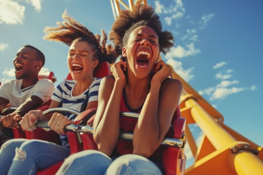People riding down a roller coaster with thrilled and excited look in their faces
