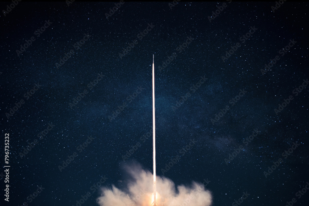 Poster space rocket launch into the starry sky. space shuttle with blast and blast lift off into space on a