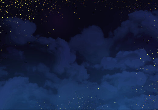 Magic night dark blue frame with sparkling glitter bokeh and light art. Square vector wedding card. Gold confetti and navy background. Golden scattered celestial dust. Fairytale magic star template