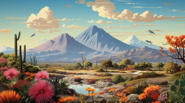 a beautiful desert filled with vibrant cacti, succulents,and wildflowers, AI Generative