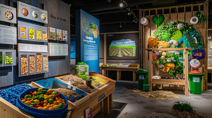 An educational exhibit demonstrating the cycle of reduce, reuse, recycle, and compost, with examples of sustainable products - obrazy, fototapety, plakaty