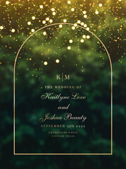 Emerald greenery forest foliage vector background. Green garden trees wedding invitation. Summer leaves card texture. Bokeh lights art.Rustic style save the date.Elegant outdoor party template garland