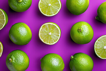 Circle of Sliced Limes on Purple Background with Half Lime in Center, Fresh Citrus Fruit Display, Vibrant Colorful Composition