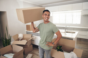 Happy man, moving and carry box in new house for property, investment and real estate in living...