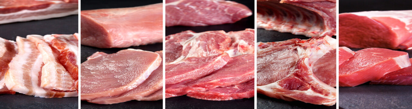 Solomillos y chuletones de buey sobre fondo de piedra o pizarra negra. 
Collage o dise&ntilde;o de diferentes tipos de carne cruda para carnicer&iacute;a o restaurante.