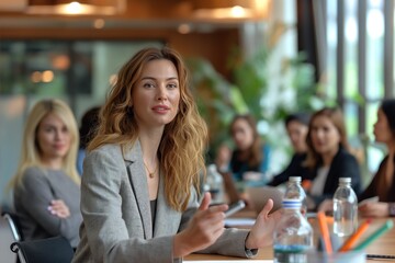 Fototapeta premium A woman in a gray jacket is sitting at a table with other women. She is smiling and she is engaged in a conversation