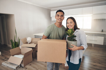 Young couple, portrait and moving to new home with boxes for renovation, investment or relocation....