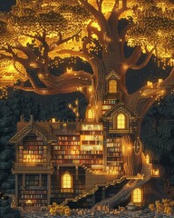 Fototapeta premium Design a captivating scene in pixel art style depicting a grand library within a colossal golden tree Showcase the intricate glowing books on shelves with meticulous detail, creating a whimsical and m