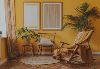 Fototapeta premium Beige and mustard yellow wall with two poster frames, wooden rocking chair, potted plants, woven side table in living room interior design