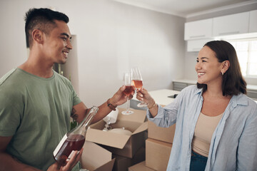 Wine, toast and happy couple with new house celebration for moving, start or real estate investment...