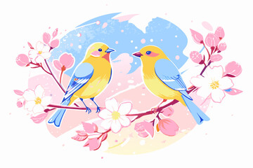 Springtime Serenade: Colorful Birds Among Blossoming Flowers