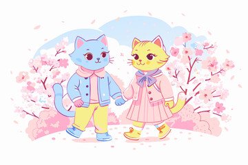 Adorable Animated Cat Characters Enjoying Springtime Walk