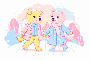 Adorable Cartoon Dogs Enjoying a Winter Walk in Snowy Landscape