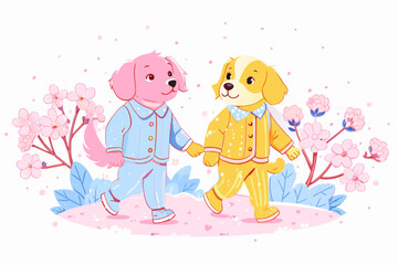 Cheerful Cartoon Dogs Walking Together in Stylish Outfits and Blossoms
