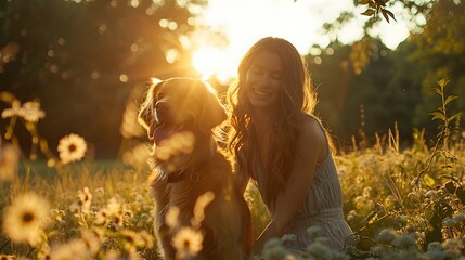 A woman and her beloved dog frolic in a sunlit meadow, their joyous dance captured in cinematic...