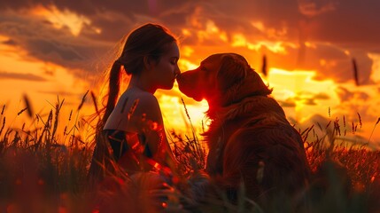 backdrop of a vibrant sunset, a woman shares a tender moment with her faithful canine friend, their connection immortalized in stunning ultra HD realism.