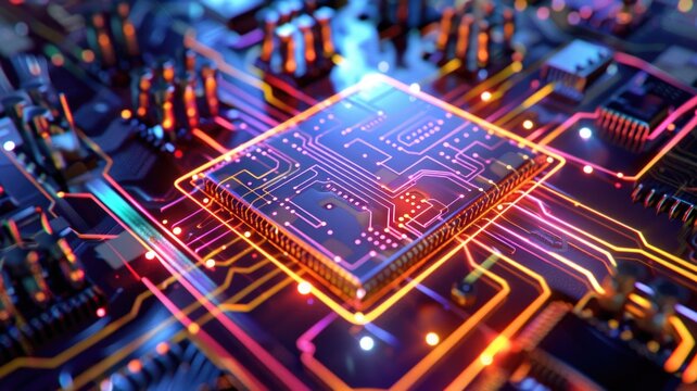 photonic integrated circuit (PIC) on a microchip, illustrating miniaturized optical components for advanced networks