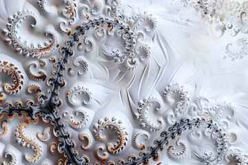 Fractal patterns unfold against pure white, intricate and captivating.
