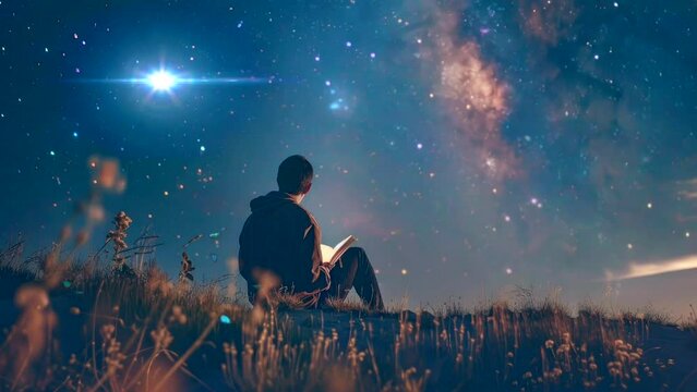 a kid reading book at night with sky background, video looping 4k