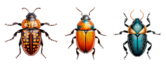 Set of beetles isolated on a white or transparent background. Blue and orange beetles, close-up, top view. Insect theme graphic design element.