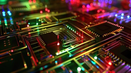 Fototapeta premium photonic integrated circuit (PIC) on a microchip, illustrating miniaturized optical components for advanced networks