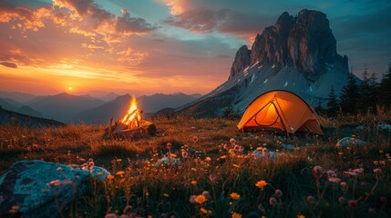 The flickering flames of a campfire dance beside a tent pitched under the vast expanse of a starlit night sky in a national park.
