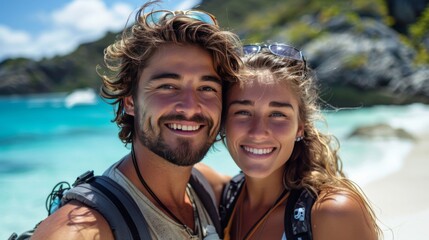 Two adventurers smiling for a selfie on a remote island beach, their love for each other matched only by their love for adventure.