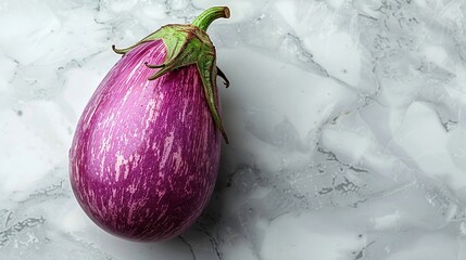 A vibrant purple eggplantl, stands out against a backdrop of fresh green vegetables - obrazy, fototapety, plakaty