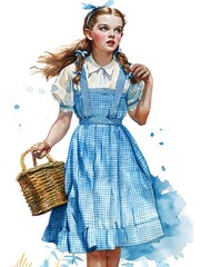 girl, freckles, blue eyes, red hair, braids, yellow bow, gingham dress, white background
