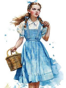 girl, freckles, blue eyes, red hair, braids, yellow bow, gingham dress, white background