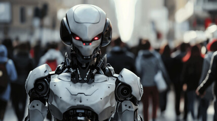Fototapeta premium The robot android walking on the street