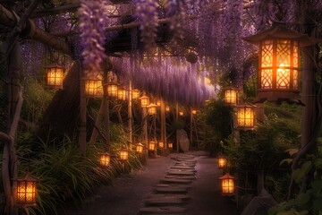 A whimsical garden pathway lined with flickering lanterns, leading towards a secluded alcove adorned with cascading wisteria blooms. A romantic rendezvous awaiting discovery