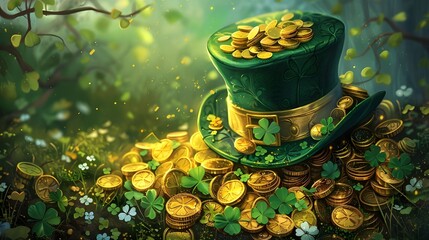 Luck of the Irish St. Patrick's Day Celebration with Hat and Gold Coins. Irish Luck Green Shamrock and Gold Coins for St. Patrick's Day - obrazy, fototapety, plakaty