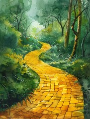 Yellow Brick Road , Bright yellow brick road winding through a lush emerald green landscape