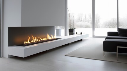 A minimalist fireplace design featuring a sleek white base and interchangeable modules for added customization. 2d flat cartoon. - obrazy, fototapety, plakaty