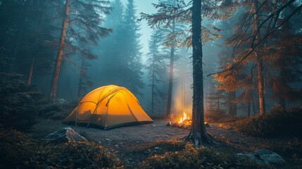 Cozy camping tent aglow with warmth beside a crackling fire pit, surrounded by the dark silhouettes of trees in a national park at night.
