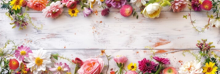 many colorful spring flowers on background with old textured wooden boards