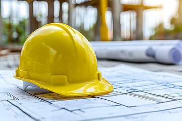 The Symbolism of Yellow Hard Hats and Blueprints in Construction Safety. Concept Construction Safety, Yellow Hard Hats, Blueprints, Symbolism, Workplace Hazard
