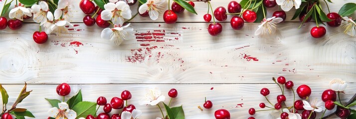 many red and healthy cherry fruits on background with old textured wooden boards