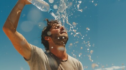 A man drinks from a water bottle in high heat and cools himself down with water
