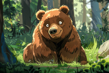 Cartoon Caricature of a Bear in the Forest.  Generated Image.  A digital illustration of a cartoon caricature of a bear in the forest.