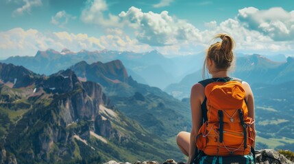 Panorama with a hiker in the beauty of the mountains