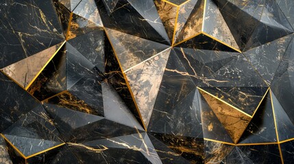 This image presents a striking geometric pattern of triangular black marble with gold accents, evoking a sense of luxury and modern design