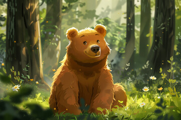 Cartoon Caricature of a Bear in the Forest.  Generated Image.  A digital illustration of a cartoon caricature of a bear in the forest.