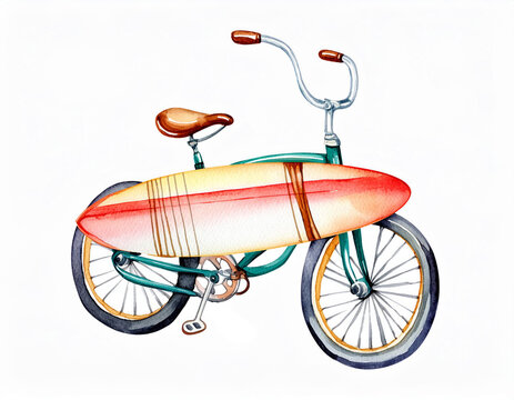 vintage bicycle with a surfboard colored watercolor illustration