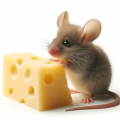 little mouse near a large piece of cheese on a white background