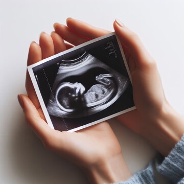 baby sonogram hold woman hand on a white background copy space