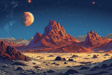 b'Red rocks and mountains on a distant planet' - obrazy, fototapety, plakaty